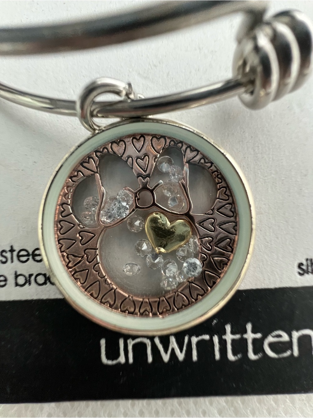 Disney Rose Gold & Gold Heart Crystal Bangle Charm Bracelet